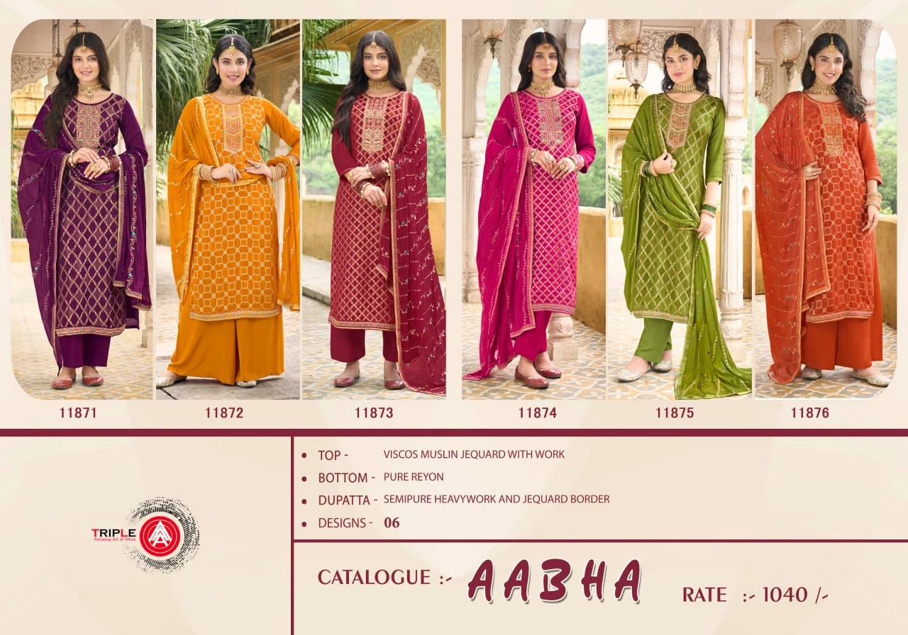 Triple Aabha Viscos Muslin Jacquard Wholesale Fancy Salwar Suit Catalog — Wholesale Salwar Suits, MPA wholesale from Surat — view 7